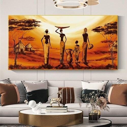Abstract Sunset Landscape Canvas Painting Retro African Women Posters and Prints Wall Art Picture for Living Room Home Decor