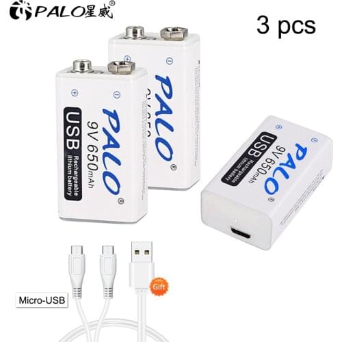 PALO 9V 6F22 2-20pcs USB Rechargeable Battery 9 volt 650mAh lithium li-ion li ion liion smart fast charging batteries