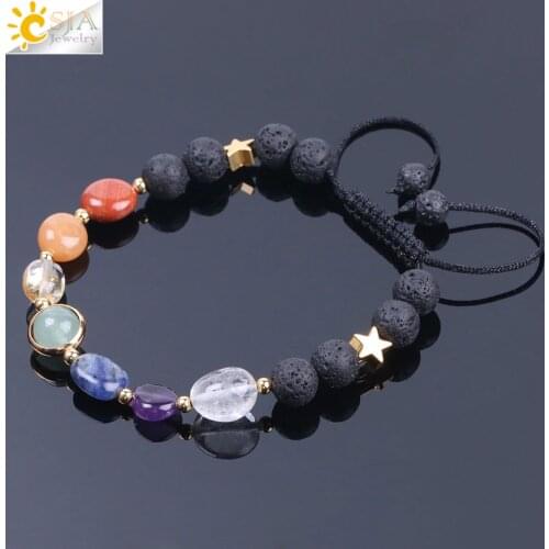 CSJA Natural Lava Rock 8MM 7 Chakra Bracelet Mixed Color Gems Stone Bracelets Crystal Quartz Sodalite Rope Chain Bangles F204