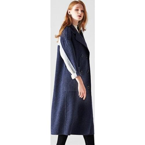 Long woolen blends cashmere coats for women 2019 autumn winter casual ladies jackets plus size overcoat navy herringbone
