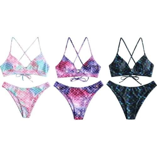 Women Mermaid Bikini Set Lace-up Bralette High Cut Thong Underwear Swimwear