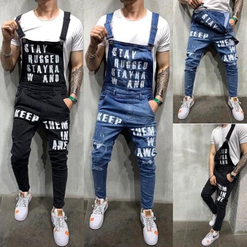 2020 Mens Fashion alphabet printing Ripped Jeans connection Summer casual High Street Slim Denim Bib Overalls For Man Suspen