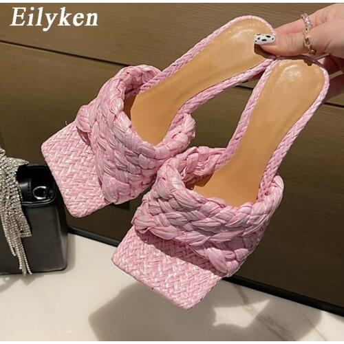 Eilyken Fashion Brand Weave Women Slipper Sandals New Summer Ladies Slides Square Open Toe Thin High Heel Mules Slip On Shoes