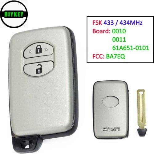 DIYKEY FSK 433MHz/434MHz 88 Chip Smart Remote Key Fob for Toyota Auris Yaris Hybrid Auris Board 0010 0011 61A651-0101 FCC: BA7EQ
