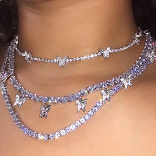 JJFOUCS Iced Out Butterfly Choker Necklaces For Women Gold Silver Color With 4mm Tennis Chain Fashion Hip Hop Rock Party Jewelry