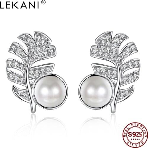 LEKANI Pearl Earrings For Women Sterling Silver 925 Leaves Stud Earrings Romantic Anniversary Gift For Girlfriend Hot Sale