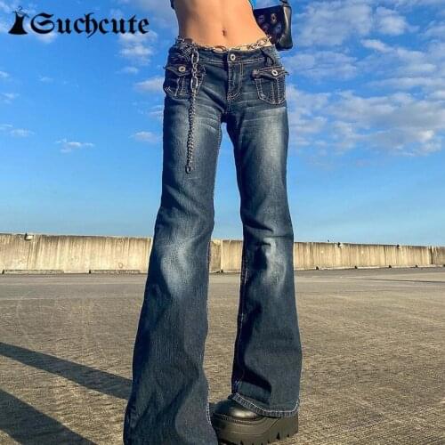 SUCHCUTE Low Waist Pocket Women Mom Jeans Slim Sexy Vintage Casual Streetwear Straight Pants Harajuku Korean Lady Denim Trousers