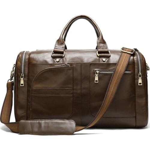 Mens Genuine Leather Travel Bag Multifunction Retro Square Duffle Bag Male Business Trip Zipper Pocket Handbags