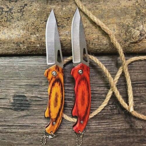 Stainless steel multi-function folding camping knife to cut the rope hook Wooden handle EDC rescue tools