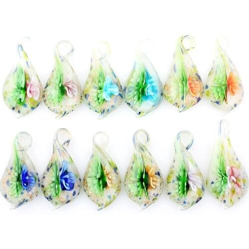 Fashion Wholesale 6pcs handmade Murano Lampwork Glass Mix Color White flower Leaf Pendants Fit Necklace Hot p0139