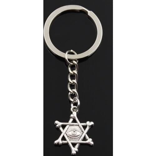 Fashion Keychain 25x20mm Demon Eye star of david shield hexagram silver color pendants DIY Men Car Key Chain Ring Jewelry Gift