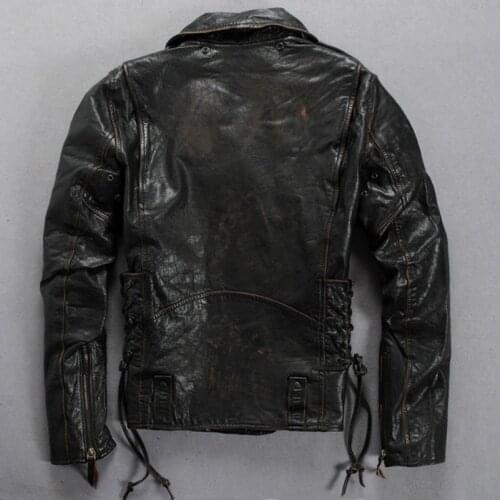 Italy vintage motorcycle adjustable waist slim fit biker male fashion real leather jacket for men