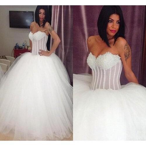 New Arabic Ball Gown Wedding Dresses Sweetheart Crystal Beading Illusion Long Sweep Train Tulle Puffy Plus Size Formal Bridal