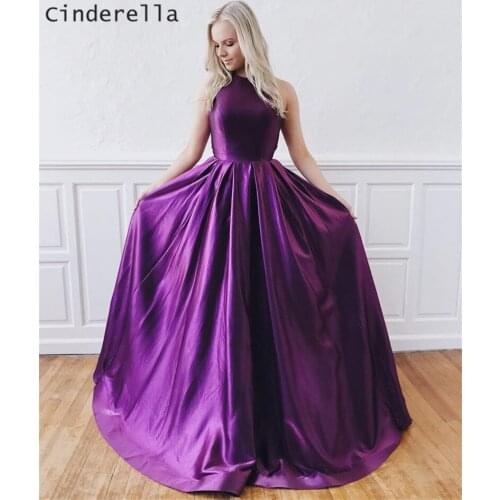 Cinderella Popular Purple Halter Sleeveless Cross Back A-Line Flooor Length Satin Evening Dresses vestidos de fiesta de noche