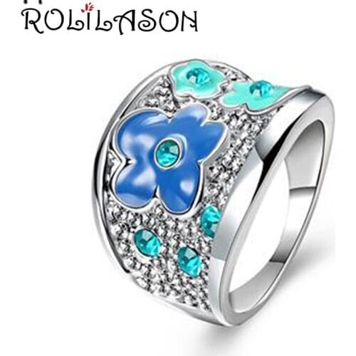ROLILASON Luxury design white crystal for girl Silver Stamped blue opal Excellent Fashion Jewelry Rings USA Size #6#7#8 JR2156