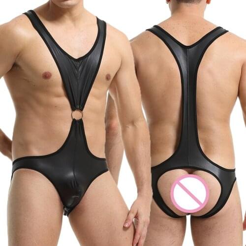 Sexy Men Undershirts Leotard Faux Leather Singlets Bodysuits Erotic Fetish Jockstrap Jumpsuit Lingerie Open Butt Latex Underwear
