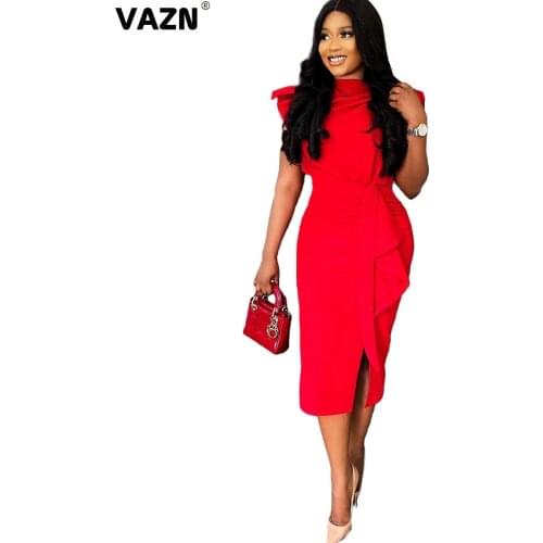 VAZN 2020 Hot List High-end Sexy Elegant Daily Young Plus Size Lace Up Short Sleeve Women High Waist Thin Pencil Midi Dress