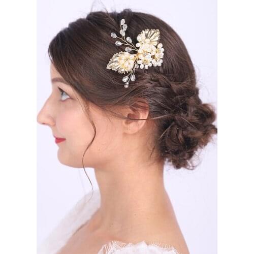Vintage Rhinestones and Leaves Hair Comb Crystal Pearls Headpiece Hair Clip Banquet Headdress for Elegant women