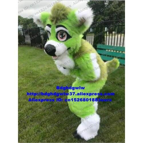 Green Long Fur Furry Wolf Husky Dog Fox Fursuit Mascot Costume Adult Cartoon Character Cute Lovable Company Activity zx3009