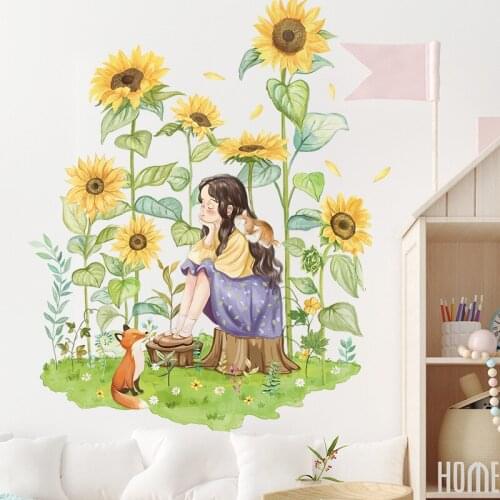 Yellow Sunflower Sticker Cute Girl Cat Fox in Flowers Wallpaper Cartoon Kids Bedroom Wall Decal Removable Children Room Decor