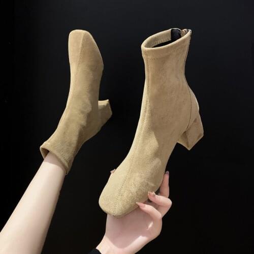 Womens square toe ankle boots 2021 autumn and winter womens zipper square high heels warm suede fashion womens short boots