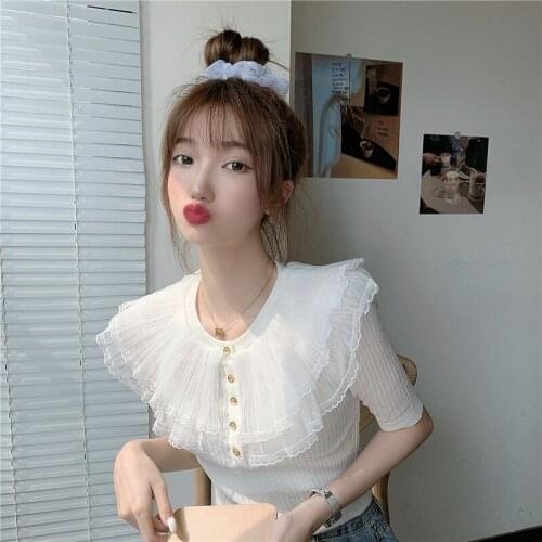 Women 2021 Fashion With Ruffles Knitted Sweater Vintage Peter pan Collar Short Sleeve Button-up Female Pullover Chic Tops