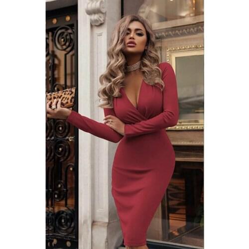 Women Summer Solid Elegant Dress Ladies Long Sleeve V Neck Bandage Bodycon Evening Party Short Midi Dresses New 2019