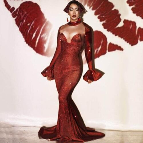 2020 Female Sexy Rhinestone Dress Red Long Sleeve Tail Long Dress Nightclub Singer Dancer Gogo Dj Ds Evening Party Dress DQS5264