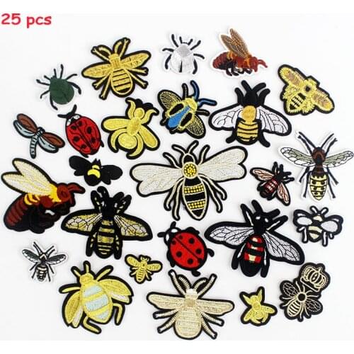 25pcs Mixed Insect Beetle Bee Ironing Patches Cloth Badges Embroidered Stripes DIY Appliques for Jackets Bags Stickers