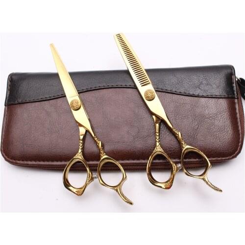5.5In. 16cm 440C Gold Professional Barber Scissors Cutting Shears Thinning Scissors Beauty Tools Hair Scissors Set of Tool