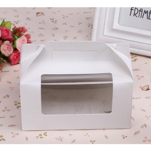 500pcs 23.5*15*9cm 6 grid White cardboard Paper Muffin window Box with Handle For Candy\Cake\Dessert \party Packing boxes
