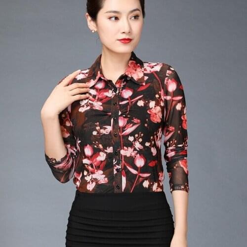 Spring Fall Fashion Women Slim 4xl Long Sleeve Mesh Blouse Top , Tops And Blouses For Woman , Womens Floral Printed Clothes