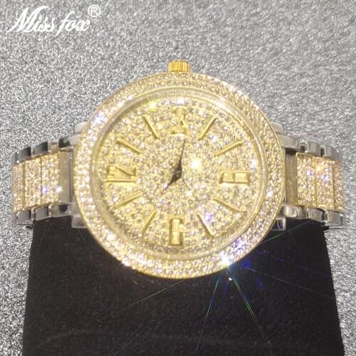 MISSFOX Big Gold Round Mens Watches Full Diamond Bingbing Luxury Business Gentlemans Wristwatch Hip Hop Waterproof Quartz Clocks