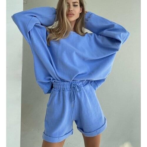 BoozRey 2021 Autumn Womens Long-sleeved Round Neck Top Loose Straight-leg Lace-up Shorts Two-piece Fashion Casual Suit Sweater