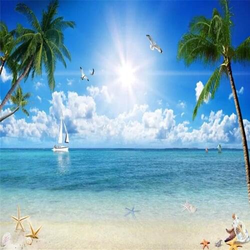 Decorative wallpaper Blue sky, white cloud beach, 3D TV background wall painting