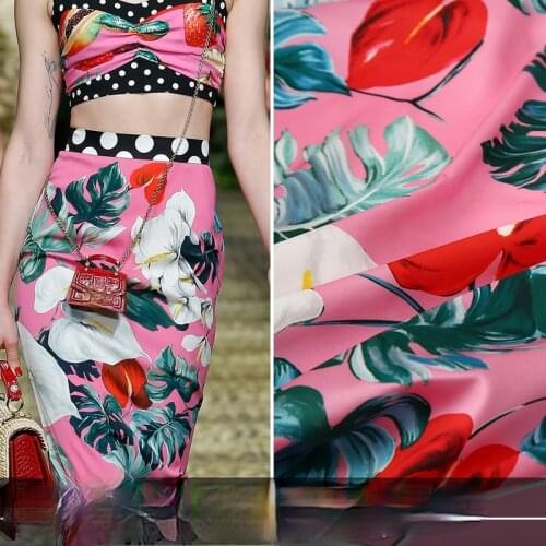 145cm*100cm designer fabric by the yard Digital printed apparel diy fabric with the same anthurium Pink base cloth leaf pattern