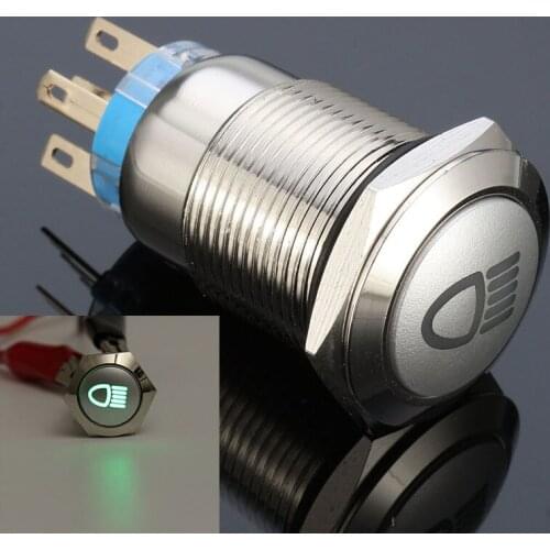 JX-LCLYL 1pc 12V 19mm 5Pin Green LED Metal Push Button Latching Switch For Car Fog Light