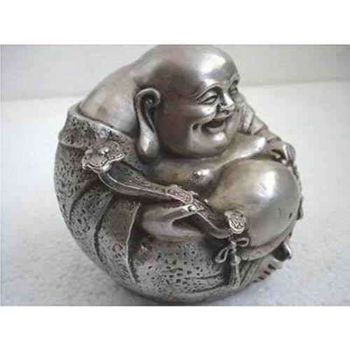 Collection Collectible rare luck tibetan silver smile buddha statue wholesale 2PCS factory Arts outlets