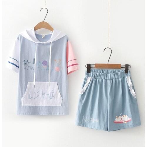 Summer 2 Pieces Sets Cute Hooded Cartoon Three Kitten T shirt + Cartoon Print Lace Up Short Pants Sweet Style Girl 2 Piece Set