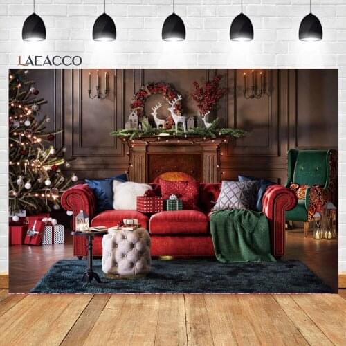 Laeacco Interior Vintage Decor Scene Christmas Tree Gift Candle Deer Background Child Portrait Customized Photography Backdrops