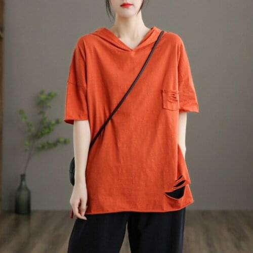 Summer Tshirts Women Casual Solid Color Pocket Hole Hooded Loose Female Wild Tees Fashion