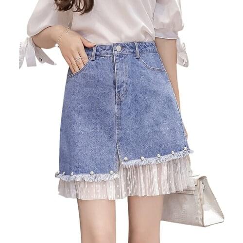 Fashion Women Beading Net Yarn Stitching Short Denim Skirt Spring New Ladies High Waist Loose Irregular Thin A-Line Skirts H1474