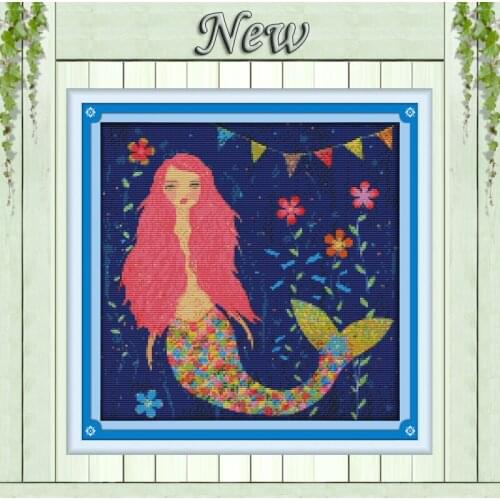 Watercolor mermaid fairy Mascot flowers Decor counted print on canvas DMC 11CT 14CT kits Cross Stitch embroidery needlework Sets