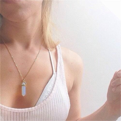 New Hexagonal Column Quartz Necklaces Pendants Fashion Natural Stone Bullet Pink Crystal Chain Necklaces For Women Jewelry