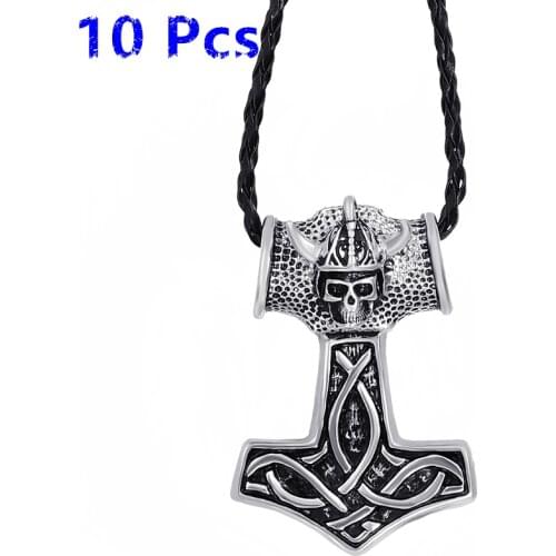 Wholesale 10 Pcs Mens Boys Large Thors Hammer Skull Knight Mjolnir Pewter Pendant Necklace Jewelry WLP294