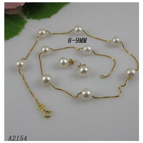 Perfect Pearl Jewelry Set 18 Inches 8-9mm White Natural Freshwater Pearl Tin Cup Necklace Earring New Free Shipping