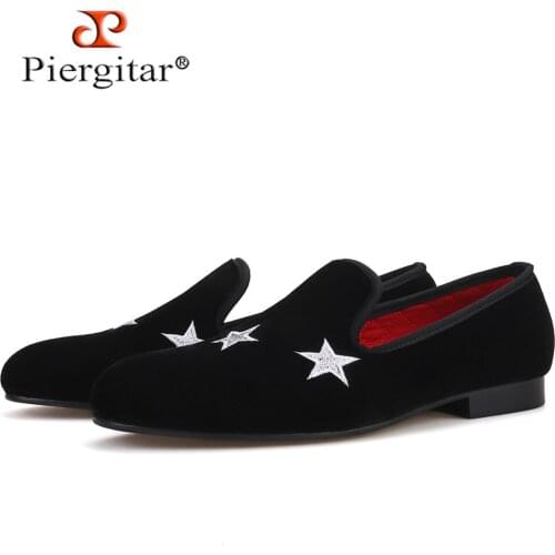 Piergitar handmade black color men velvet slippers loafers with star embroidery wedding and party men shoes plus size