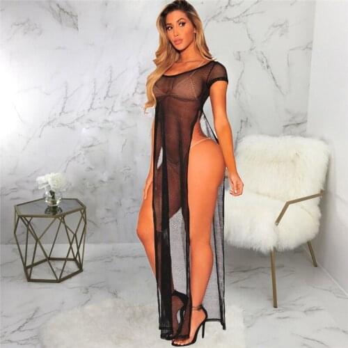 Sexy New Women Hollow-out Beach Bikini Cover Ups Solid Color Short Sleeve Side Split See Through Female Dress for Summer