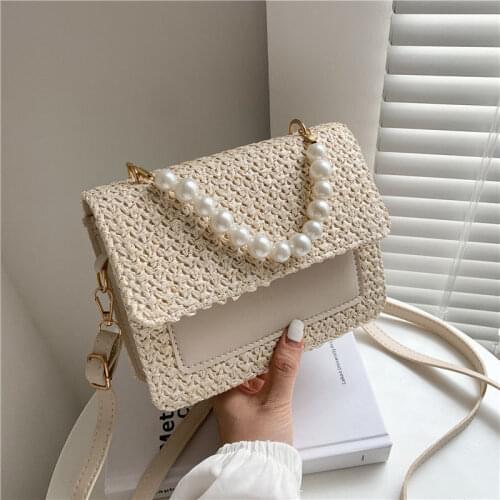 Shoulder Bag Female Handbag Purse Crossbody Bag Women Designer Straw Beaded Fashion 2021 New PU Leather Simple Contrast Color