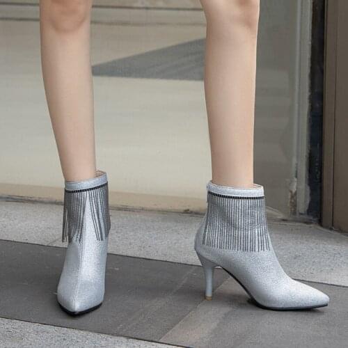 YMECHIC Fashion Stiletto Womens Shoes Silver Black Chain Fringe High Heels Sexy Ankle Ladies Boots Party Date Pointed Toe Bootie